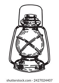 Kerosene lantern sketch. Clipart of portable lamp, camp equipment. Hand drawn vector illustration isolated on white.