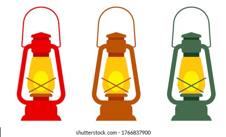 Kerosene lanterns different colors. Set of old-fashioned travel items. Vintage lamp, options. Travel camping concept. Template for design, poster, card.