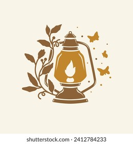 Kerosene vintage lamp with floral and butterfly vector illustration