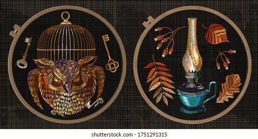Kerosine lamp, magic owl, golden cage, vintage keys and autumn leaves. Fairy tale. Embroidery collection. Fashion template tambour frame with a canvas, elements from stitches. Art for clothes, textile