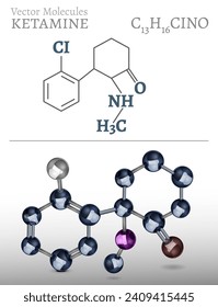 Ketamine, ketalar molecule. Structural chemical formula. Dissociative anesthetic. Pain management tool. Vector illustration isolated on a white background. Vertical banner. Medical, scientific poster