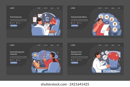 Ketamin Therapy Reihe Set. Visueller Leitfaden zur PTSD-Behandlung, zur Behandlung potenzieller Nebenwirkungen, zur Erschließung psychotherapeutischer Möglichkeiten und zur Weiterentwicklung der Forschung. Digitale Gesundheitserziehung. Flachvektor