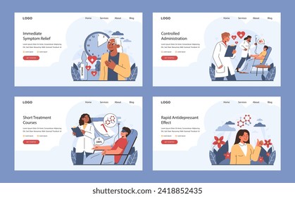 Ketamine Therapy visuals set. Detailing immediate symptom relief, precision in controlled administration, brevity of treatment courses, and swift antidepressant effects Flat vector illustration.