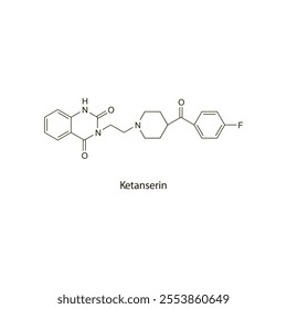 Ketanserin flat skeletal molecular structure 5-HT2A receptor antagonist drug used in hypertension treatment. Vector illustration scientific diagram.