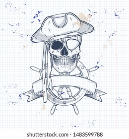 ketch, pirate skull with mustaches, pirate hat, eye patch and ships steering wheel. Poster, flyer design on a notebook page