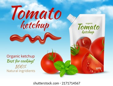 Anuncios de Ketchup. Contenedores para ingredientes de alimentos líquidos etiquetas de diseño de tomate paquete vector decente para salsas