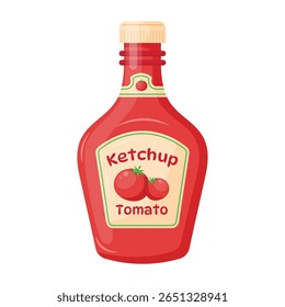 Ilustração em garrafa de Ketchup sobre fundo transparente. Ícone de catchup vermelho. Elemento de design para cozinhar tema, restaurantes, café, cozinha ao ar livre, cartazes, padrões, logotipos. Design de desenho animado plano style.Vetor