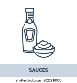 Ketchup bottle and bowl with sauce outline monochrome icon with title. Collection of signs in different food categories. Symbols for cafe decoration. Vector illustration isolated on white background.