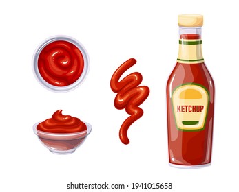 Ketchup in bottle and bowl, sauce spilled strips and spots. Bowl ketchup top view. Vector illustration.