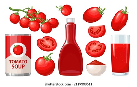 Ketchup bottle, can of condensed soup, sauce in a plate, juice in glass, branch, half and slice tomato. Vector flat color illustration. Isolated on white background.