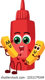 Ketchup bottle cartoon character. Red sauce with french fries