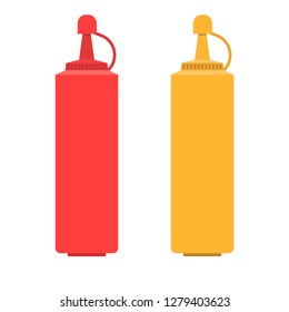 Ketchup bottle container ingredient product spice flat vector. Gourmet kitchen tomato sauce food