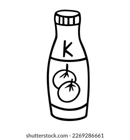 Ketchup bottle doodle, cooking element. Hand-drawn tomato sauce for tasty food, proper eating, healthy diet. Sketch, minimalism, line art. Isolated. Vector illustration