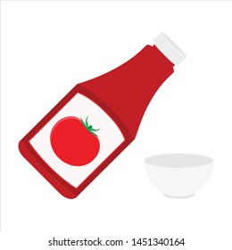 Ketchup bottle and empty tomato ketchup bowl isolated on white background. Tomato ketchup sauce