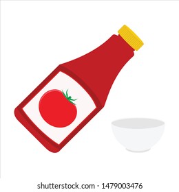 Ketchup bottle and empty tomato ketchup bowl isolated on white background. Tomato ketchup sauce