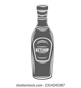 Ilustración vectorial del icono de glifo del frasco de Ketchup. Sello de envasado con salsa de tomate caliente, recipiente de vidrio con ketchup, etiqueta y gorro, condimento orgánico y condimento para la barbacoa y tentempiés de comida rápida