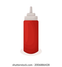 Ketchup. Ketchup in a bottle. Hot dog sauce. Fast food. Food. Unhealthy food. Cartoon style. Vector illustration for design and decoration.