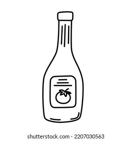 Icono de botella de Ketchup, ilustración vectorial de la salsa de catsup de tomate en botella de vidrio, doodle de producto de supermercado, clipart de contorno aislado sobre fondo blanco