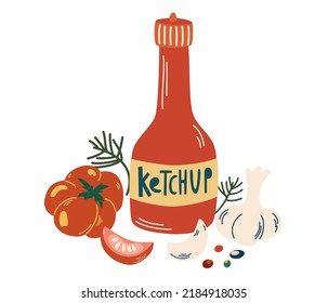 Ketchup bottle and ingredients: tomato, garlic and pepper. Healthy food. Vector hand draw illustration flat icon isolated on white.