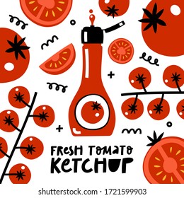 Ketchup bottle isolated on white background. Fresh tomato ketchup lettering sign. Hand drawn vector flat cartoon illustration. Sauce advertising concept.