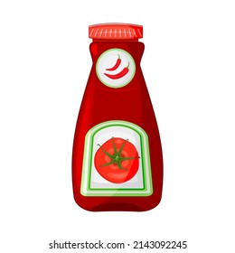 Ketchup Bottle Isolated On White Background. Red Tomato Sauce And Dressing In Plastic Package. Smooth Tomato Condiment Container With Tomato And Chilli Fruit. Relish Tare With Vegetable Label. Vector