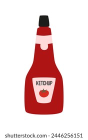 Ketchup in bottle isolated on white. Condiment, dip, gravy. Icon, doodle. Food.