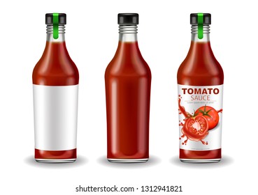 Ketchup bottle set vector realistic mock up. Product placement. Label design. Detailed banner 3d illustrations