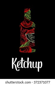 Ketchup bottle with tomat and leaf. Engraving vintage vector white illustration. Isolated on black background. Hand drawn design element for label and poster