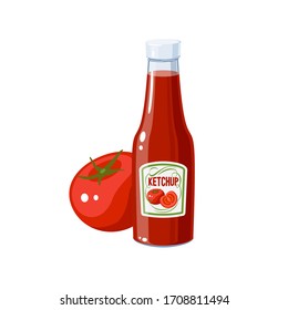 Ketchup bottle and tomato fruit, vector illustration cartoon icon isolated on white.