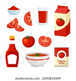 Ketchup bottle, tomato juice, soup and sauce in a bowl. Icon set. Package design for your poster, restaurant, menu, brochure, flyer. Vector illustration in trendy flat style isolated on white.