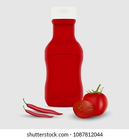 Ketchup bottle and tomato on white background. Ready to apply to your design. Vector illustration.