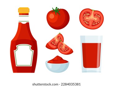 Botella de Ketchup, salsa de tomate en un tazón. Conjunto de iconos. Elemento de diseño para su afiche, restaurante, menú, folleto, volante. Ilustración vectorial en un estilo plano de moda aislado en el fondo blanco.