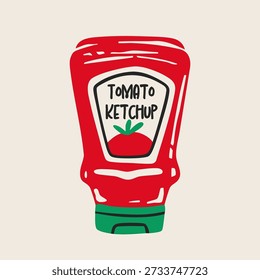 Ketchup bottle. Tomato sauce in bottle. Plastic squeeze container with label. Hand drawn trendy Vector illustration. Isolated design element. Logo, icon, print, poster, sticker, card template