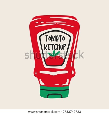 Ketchup bottle. Tomato sauce in bottle. Plastic squeeze container with label. Hand drawn trendy Vector illustration. Isolated design element. Logo, icon, print, poster, sticker, card template