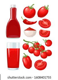 Ketchup bottle, tomato sauce in a plate, juice, branch, half and slice and slice tomatoes. Vector flat color illustration. Isolated on white background.