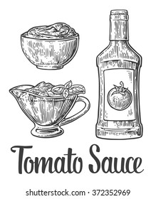 Ketchup bottle, tomato sauce in a plate. Engraving vintage vector black illustration. Isolated on white background. Hand drawn design element for label and poster