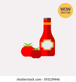 Ketchup in bottle and tomatoes icon