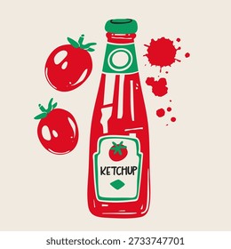 Ketchup bottle, tomatoes, stains. Tomato sauce in bottle. Glass container with label. Hand drawn trendy Vector illustration. Isolated design element. Logo, icon, print, poster, sticker, card template