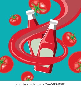 Ketchup Bottle Vector Illustration with Fresh Tomatoes Around, Realistic Condiment and Farm Fresh Ingredient Concept