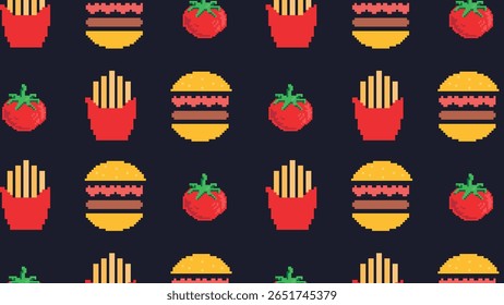 Ketchup bottles, red chili peppers, and cheese slices rendered in pixel graphics on a beige grid for spicy and bold culinary visuals.