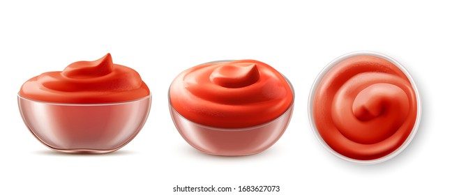 Ketchup in bowl top and side view set. Glass cup with fresh tomato sauce product, spice dressing in ramekin. Condiment with swirl on top isolated on white background realistic 3d vector icon, clip art