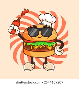 KETCHUP BURGER VINTAGE MASCOT CHARACTER ILLUSTRATION