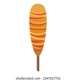 Icono de perro de maíz Ketchup vectorial isométrico. Comida caliente. Palo frito