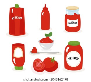 Ketschup verschiedene Arten von Verpackungen, Glas, Flasche, Beutel mit Boden, Sauce Spender, Schüssel, Löffel. Vektorgrafiken im Cartoon-Flachstil. Für Etiketten, Design, Banner, Werbung.