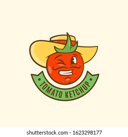 Ketchup Emblem with Banner. Tomato in a Hat Abstract Vector Sign, Symbol or Logo Template. Funny Smiling and Winking Man Face with Moustache. Vegetable Food Label. Isolated.