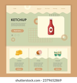 Ketchup flat landing page website template. Cheese, steak, yogurt. Web banner with header, content and footer. Vector illustration.