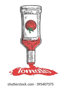Ketchup flows from a bottle. Vector vintage engraved illustration.  For label, poster.