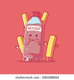 Ketchup and french fries character vector illustration. Food, funny, comics design concept.