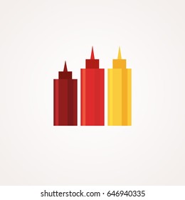 Ketchup, hot sauce and mustard squeeze bottles. Vector icons set. Flat style design