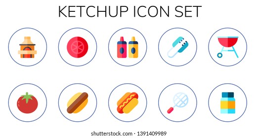 ketchup icon set. 10 flat ketchup icons.  Simple modern icons about  - grill, tomato, tomato slice, hot dog, sauces, tongs, bbq grill, mayonnaise